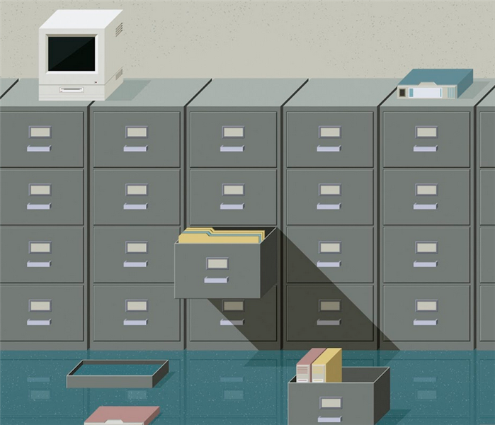 a flooded office with files and drawers from cabinets floating